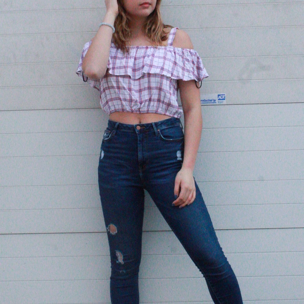 patriotic off the shoulder crop top